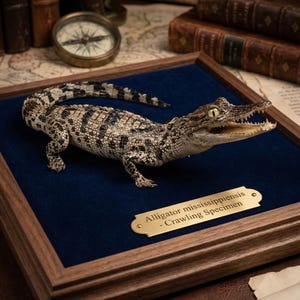 Puede incluir: Un espécimen de caimán disecado en una vitrina de madera con un respaldo de terciopelo azul. El caimán es de color marrón y negro con la boca abierta. Una placa de latón dice "Alligator mississippiensis - Crawling Specimen."