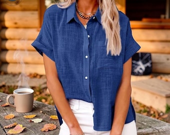 Women Cotton Linen Blouse - Casual Short Sleeve Shirt - Summer Spring Top - Loose Fit Button Down Shirt - Lightweight Breathable Top