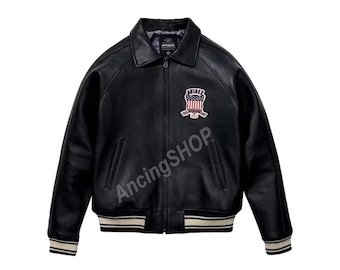 Avirex Herren Bomber Black Bikerjacke aus echtem Rindsleder