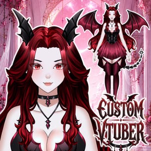 May include: A digital illustration of a character with long red hair, black bat-like horns, and red eyes. The character wears a black corset, a dark red skirt, and a choker with a pendant. A full-body view is included with wings and a tail.