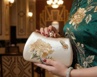 Satin Embroidered Clutch Bag, Floral Kiss Lock Evening Purse, Vintage Wedding Handbag, Bridesmaid Gift
