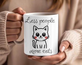 Ceramic Mug, Cute Cat Mug "Less People More Cats" Minimal Aesthetic Coffee Cup for Cat Lovers Kitty Cup Cat Lover Gift Funny