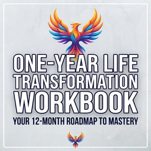 Könnte beinhalten: Ein Arbeitsbuch mit dem Titel "ONE-YEAR LIFE TRANSFORMATION WORKBOOK" mit dem Slogan "YOUR 12-MONTH ROADMAP TO MASTERY". Das Cover zeigt eine farbenfrohe Phoenix-Illustration in Orange, Gelb, Blau und Lila. Der Hintergrund ist hellgrau.