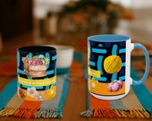 Knitting Lover Accent Mug, Cute Sewing Pattern Coffee Cup, Yarn and Needles Tea Cup, Gift for Crocheter, Crafty Room Decor, Hobbyist Gift
