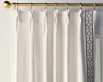 Cortinas de lino blanco nieve con ribete azul, tamaño personalizado