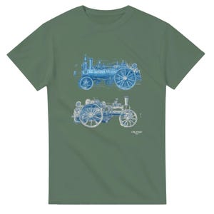 Camiseta con diseño de tractor de vapor industrial – Esquema de perfil de ingeniería vintage – Camiseta con patente de maquinaria pesada / Gildan® 5000