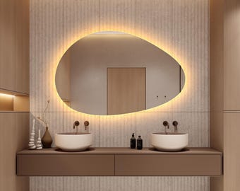 Moderne asymmetrische led-spiegel, frameloze wandspiegel met onregelmatige achtergrondverlichting voor badkamermeubel, verlichte decoratie slaapkamer