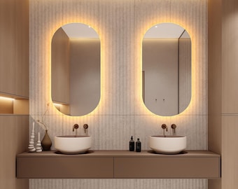 Oval Vanity Mirror with Led Lights, LED Bathroom Mirror, Asymmetrical Lighted Mirror, Illuminated Large Wall Mirror, Pill Shaped Mirror