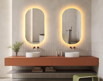 Oval Vanity Mirror with Led Lights, LED Bathroom Mirror, Asymmetrical Lighted Mirror, Pill Shaped Mirror, Illuminated Large Wall Mirror