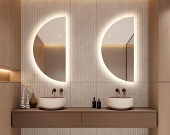 Half Circle LED Lighted Bathroom Bedroom Mirror, Large Wall Backlit Mirror, Asymmetrical Mirror With Led Lighting, Moon Vanity Mirror