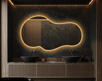 Irregular Asymmetrical LED Mirror - Frameless Backlit Bathroom Wall Mirror - Modern Lighted Vanity Mirror for Bedroom Decor