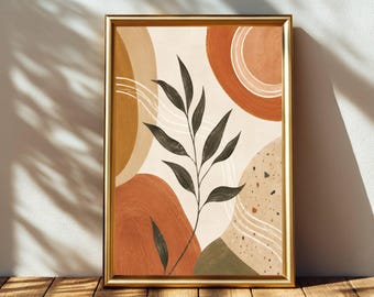Abstract Boho Wall Art, Terracotta Botanical Print, Earthy Living Room Decor, Modern Leaf Art Printable, Digital Download