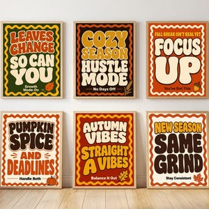 Höstmotivationsposters set med 6, ljus retro klassrumsdekor tavelvägg, utskrivbar höst för mellanstadiet, groovy digital nedladdning
