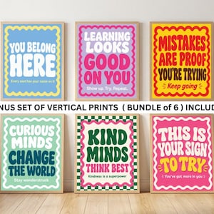 Set di 6 decorazioni luminose per l'aula, poster motivazionali per insegnanti, poster sulla mentalità di crescita, download digitale stampabile per il ritorno a scuola.