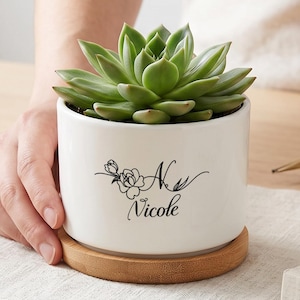 May include: A white ceramic cylindrical planter with a bamboo saucer base, containing a green succulent plant. The front of the planter features a black decorative floral graphic and the name Nicole written in a cursive script font.
