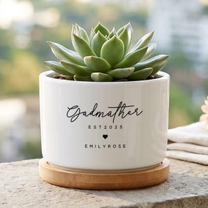 May include: A white ceramic plant pot with a green succulent. The pot is inscribed with "Godmother", "EST 2025", a heart, and "EMILYROSE" in black script. It rests on a round wooden coaster. A decorative item.
