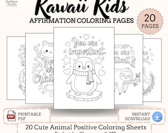 Positive Affirmations for Kids Coloring Pages, Kawaii Animal Affirmation Coloring, Printable PDF