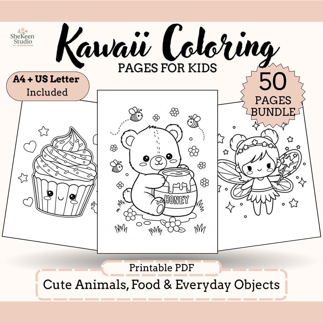 50 Kawaii Coloring Pages Bundle for Kids | Cute Animal Coloring ...