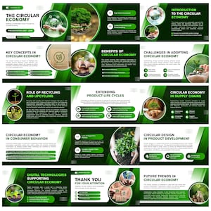 May include: A green and white infographic about the circular economy. The presentation covers topics like key concepts, benefits, challenges, recycling, consumer behavior, and future trends. The presentation includes images of plants, hands, and text.