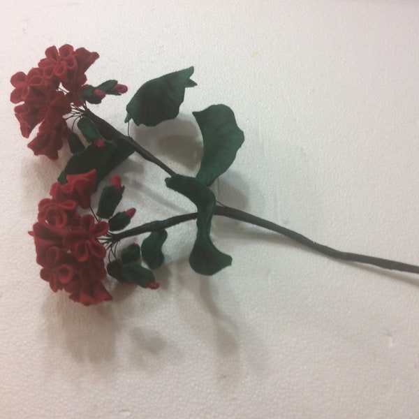 Handmade Red Felt Geranium, Red Felt Geranium Floral Stem, Wreath Embellishment
