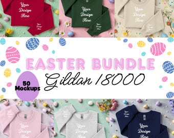 Pasen Gildan 18000 mockup-bundel | Mockups met lente-sweater | Gestileerde stockfoto's | Pastelkleurige paaseieren plat gelegd | 50 png-mockups |