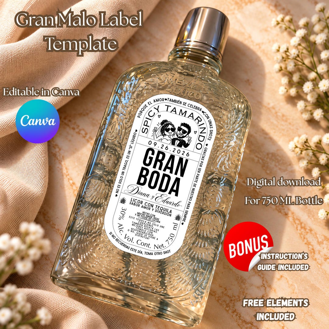 Property Label Sample Gran Malo Label Template 750ml, Editable Canva Wedding Bottle Label ...