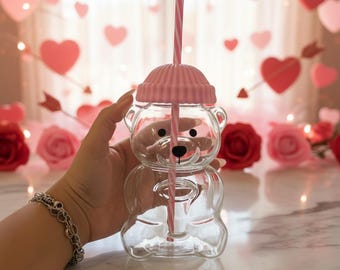 Pink  Bear Glass Cup 20oz – Cute Aesthetic Iced Coffee Tumbler with Straw, Gift, Birthday gift, gift ideas