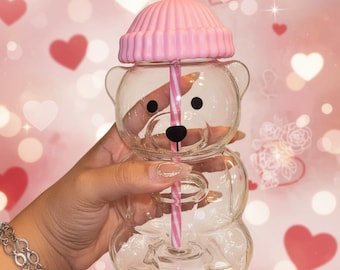 Pink Teddy Bear Glass Cup 20oz – Cute Aesthetic Iced Coffee Tumbler with Straw, Valentine Gift, Kawaii Drinkware