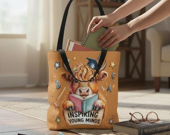 Draagtas leraar, cadeau leraar waardering, inspirerende draagtas jonge geesten, schattige tas Highland Cow, cadeau voor leraren, opvoeders, kinderopvang