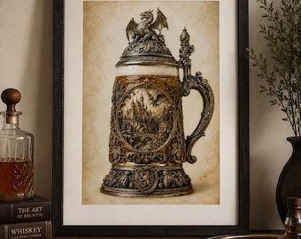 Majestic Dragon Beer Stein Wall Art, Rustic Cabin Printable, Lodge Bar Decor, 2:3 Digital Download