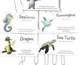 5 Bulk Girls Gifts | Animal Necklaces & Personality Card | Penguin, Turtle, Seahorse, Hummingbird, Dragon Charms | Kids Jewelry Party Favors