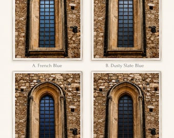 5 Historic Arched Window Print Set, Choose Your Blue Glass Color, French Blue Wall Art, Old World Stone Architecture, Kitchen Wall Decor