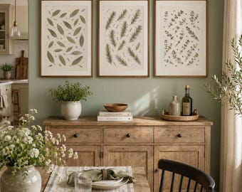 3 Herb Wall Art Set, Sage Rosemary Thyme Prints, Kitchen Printable Art, Green Botanical Wall Decor, Farmhouse Dining Room Download