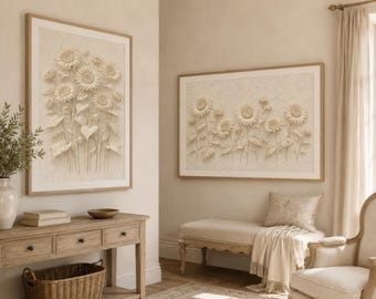 4 Daisy Wall Art Set, Neutral Floral Printable Art, Cottage Bedroom Decor, French Country Botanical Print, Soft Beige Cream Digital Download