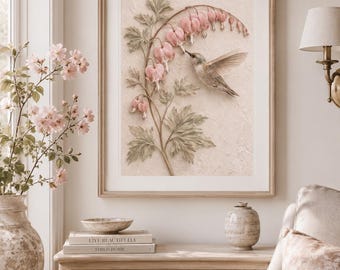 Hummingbird Wall Art, Neutral Botanical Printable, Pink Bleeding Heart Flower Print, Cottage Bedroom Decor, Beige Floral Digital Download