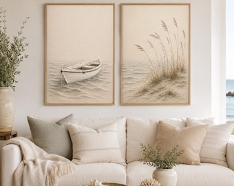 Conjunto de 2 Quadros Decorativos Neutros com Tema Costeiro, Arte para Imprimir com Barco a Remo e Grama da Praia, Impressões Náuticas Texturizadas, Download Digital 24x36
