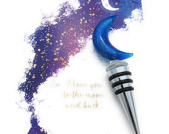 Blue Moon Glass Wine Stopper & I Love You to the Moon Greeting Card