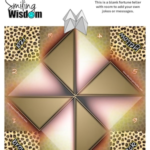 May include: A blank fortune teller with a geometric design. The origami-style paper toy features a gold and pink color scheme with leopard print accents. Text includes "Fortune Teller," "Cootie Catcher," and "Smiling Wisdom."