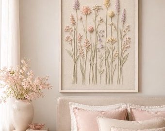 Botanical Wall Art Print 24x36, Soft Pastel Wildflower Printable Art, Neutral Floral Relief Artwork, Cottage Bedroom Decor Digital Download