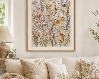 ワイルドフラワーのウォールアートプリント、花柄のレリーフプリント、コテージコア風のボタニカルウォールデコレーション、ニュートラルな花のアート、24x36インチのデジタルダウンロード