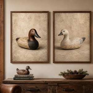 May include: Two framed wall art prints featuring duck decoys. The left print shows a duck with a brown head and black chest. The right print shows a light-colored duck. Both are set against a textured beige background in dark wood frames.