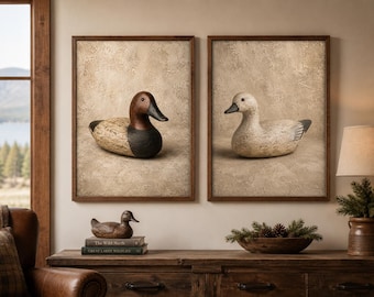 Canvasback & Snow Goose Decoy Print, Vintage Waterfowl Wall Art, Rustic Lodge Decor, Duck Hunting Cabin Art, Printable Bird Decoy