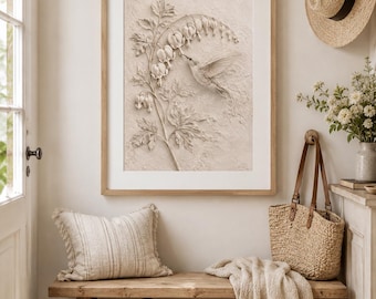 Hummingbird Wall Art, Neutral Botanical Printable, Bleeding Heart Flower Print, Cottage Bedroom Decor, Beige Floral Art Digital Download