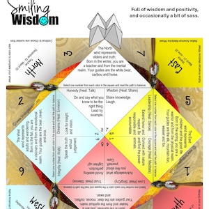 May include: A colorful fortune teller game, also known as a cootie catcher, with text that reads "Smiling Wisdom" and "Fortune Teller Cootie Catcher." The game is designed for birthdays, Valentine's Day, or any day. It features Native American Medicine Wheel themes.
