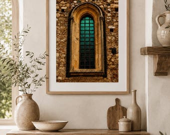2 Smoky Sage Arched Window Print, Aged Teal Glass Wall Art, Old World Stone Window, European Farmhouse Printable, Gothic Architecture Art