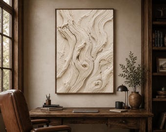 流木樹皮のウォールアートプリント、ニュートラルなオーガニックテクスチャプリント、彫刻的な石膏レリーフアート、素朴でモダンな壁装飾