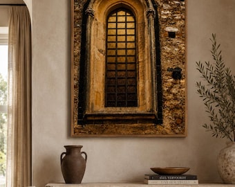 2 Amber Arched Window Wall Art, Old World Stone Window Print, European Architecture Printable, Warm Golden Light Wall Decor