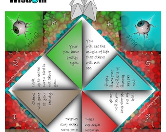 May include: A colorful fortune teller, also known as a cootie catcher, with text and origami design. The game is for birthdays and features positive messages. The design includes green, blue, red, and brown sections with eye illustrations.