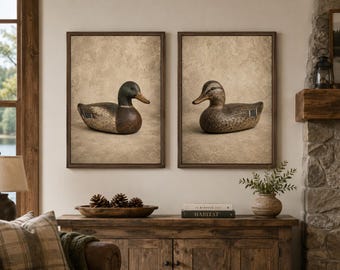 Mallard Drake & Hen Ducks Decoy Print, Vintage Waterfowl Wall Art, Rustic Lodge Decor, Duck Hunting Cabin Art, Printable Bird Decoy