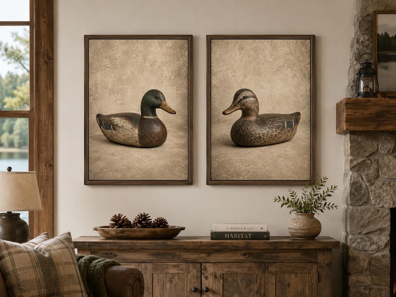Pode incluir: Duas impress&otilde;es de arte de parede retangulares emolduradas com ilustra&ccedil;&otilde;es detalhadas de chamarizes de pato. A impress&atilde;o da esquerda mostra um pato-real com cabe&ccedil;a verde, enquanto a da direita mostra um pato castanho malhado sobre fundo neutro.